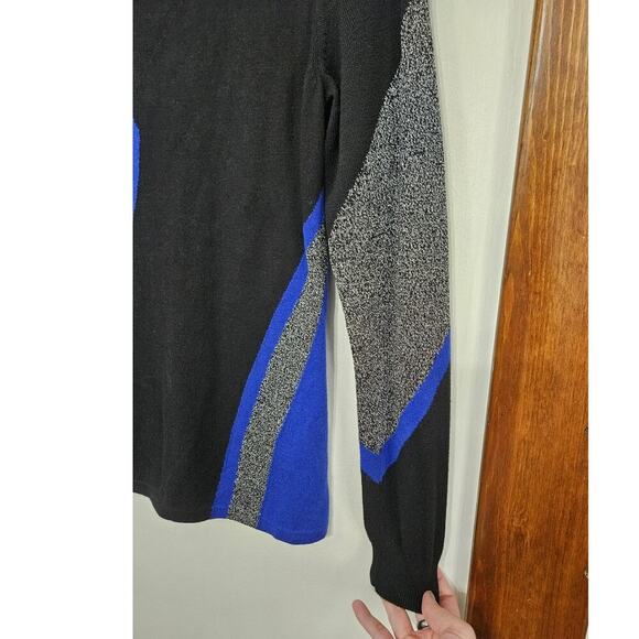Jones New York Abstract Colorblock Blue/Black/Silver Metallic Wool Sweater Sz S - Picture 4 of 6